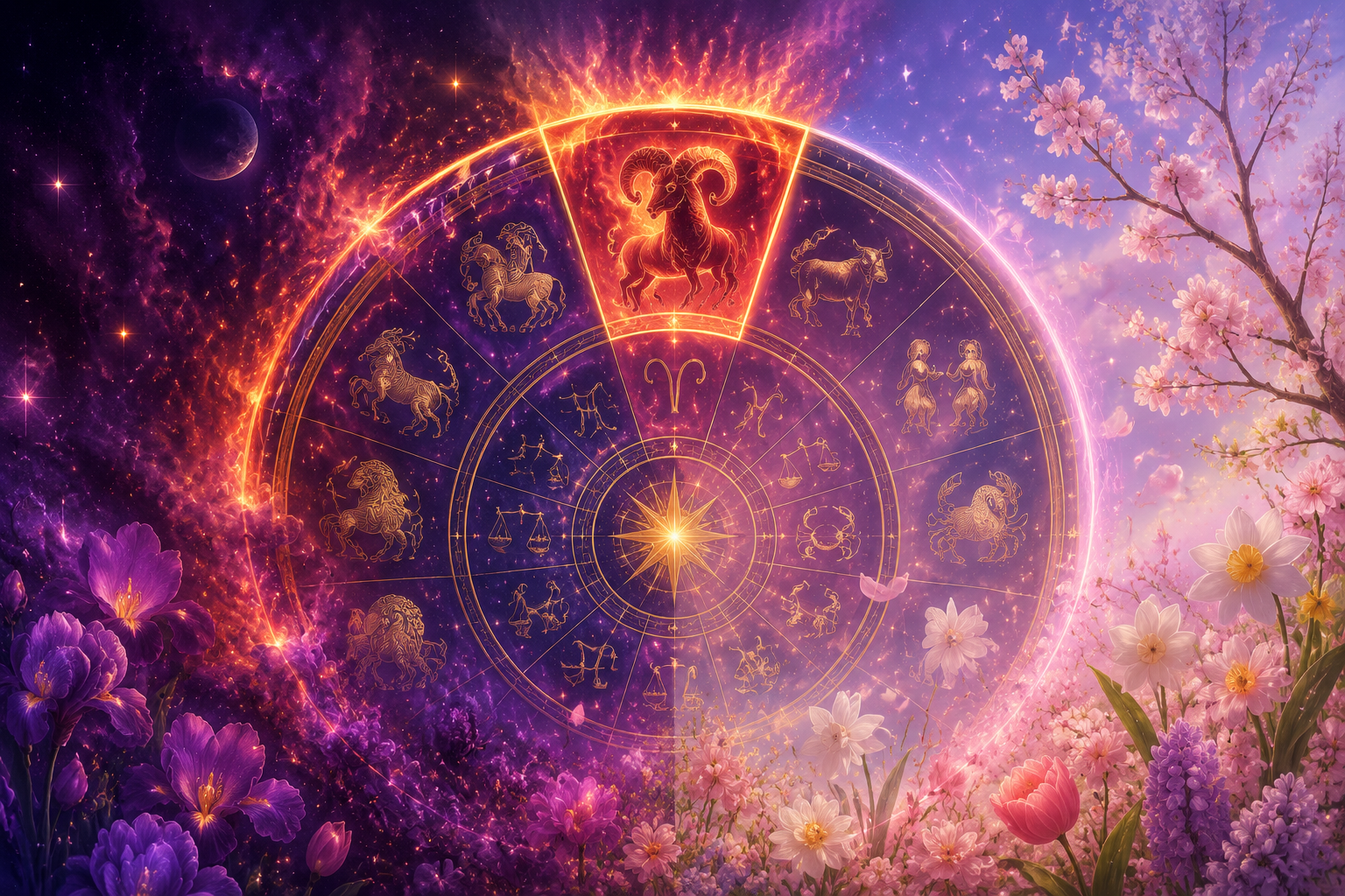 Kosmiczny kalendarz zodiakalny z podświetloną sekcją Barana między marcem a kwietniem