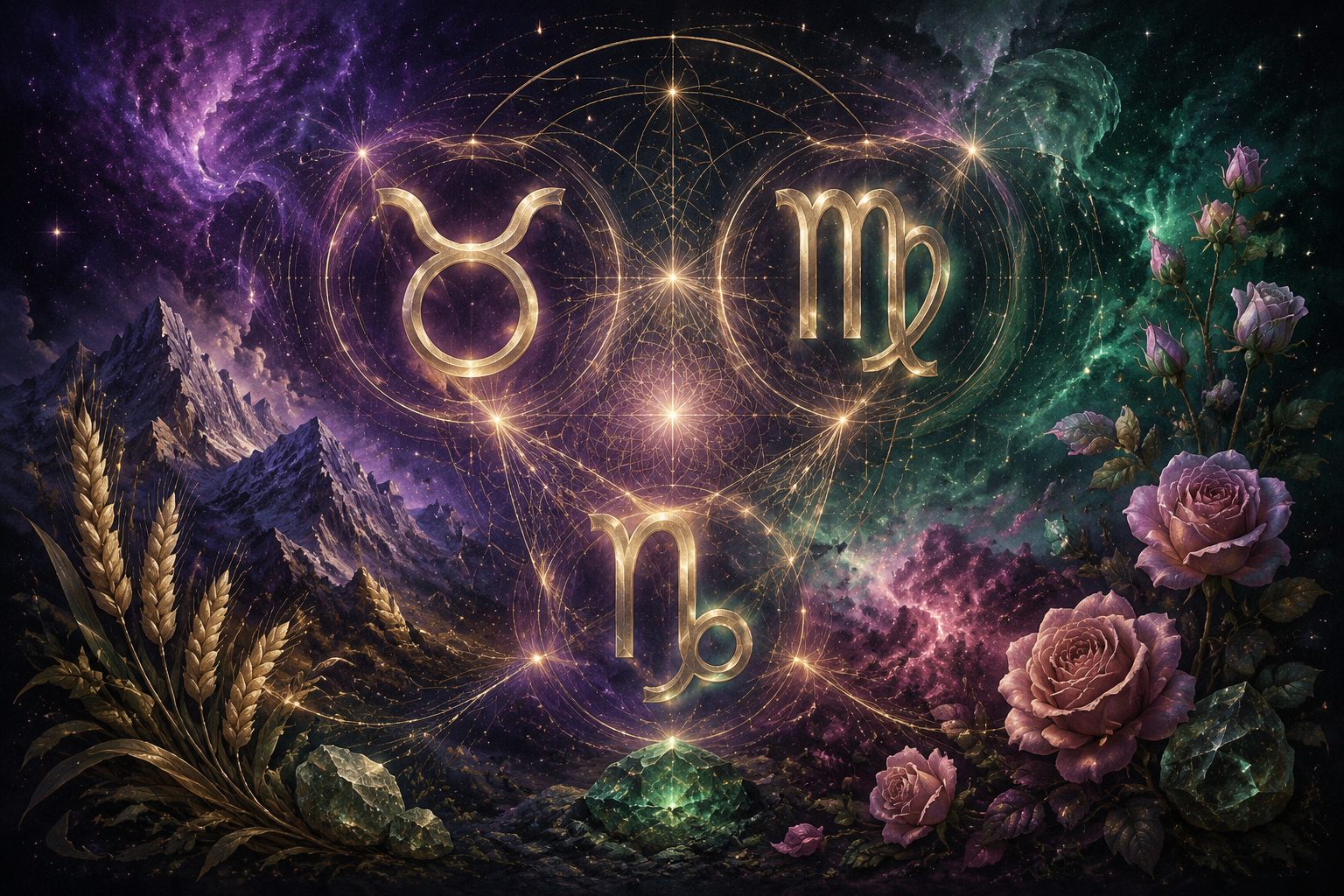 Symboliczne przedstawienie kompatybilności Byka — splecione symbole zodiaku ziemskich znaków na kosmicznym tle