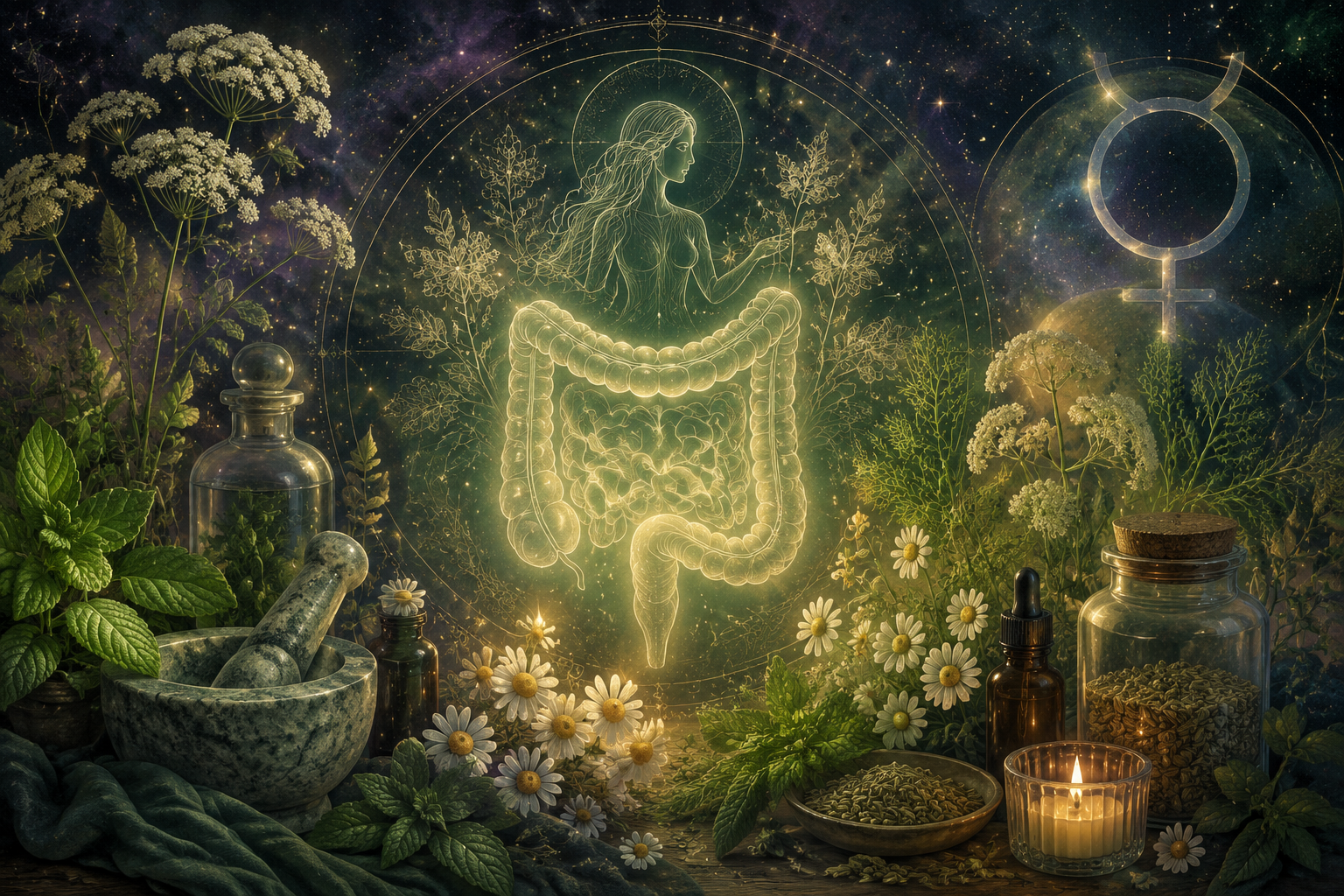 Symboliczna ilustracja zdrowia Panny — zioła, jelita zarysowane symbolicznie i misy ze zdrowymi składnikami
