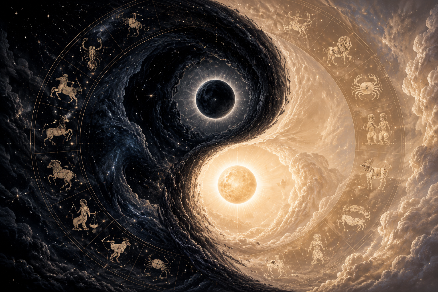 Kosmiczny yin yang z symbolami zodiaku po obu stronach