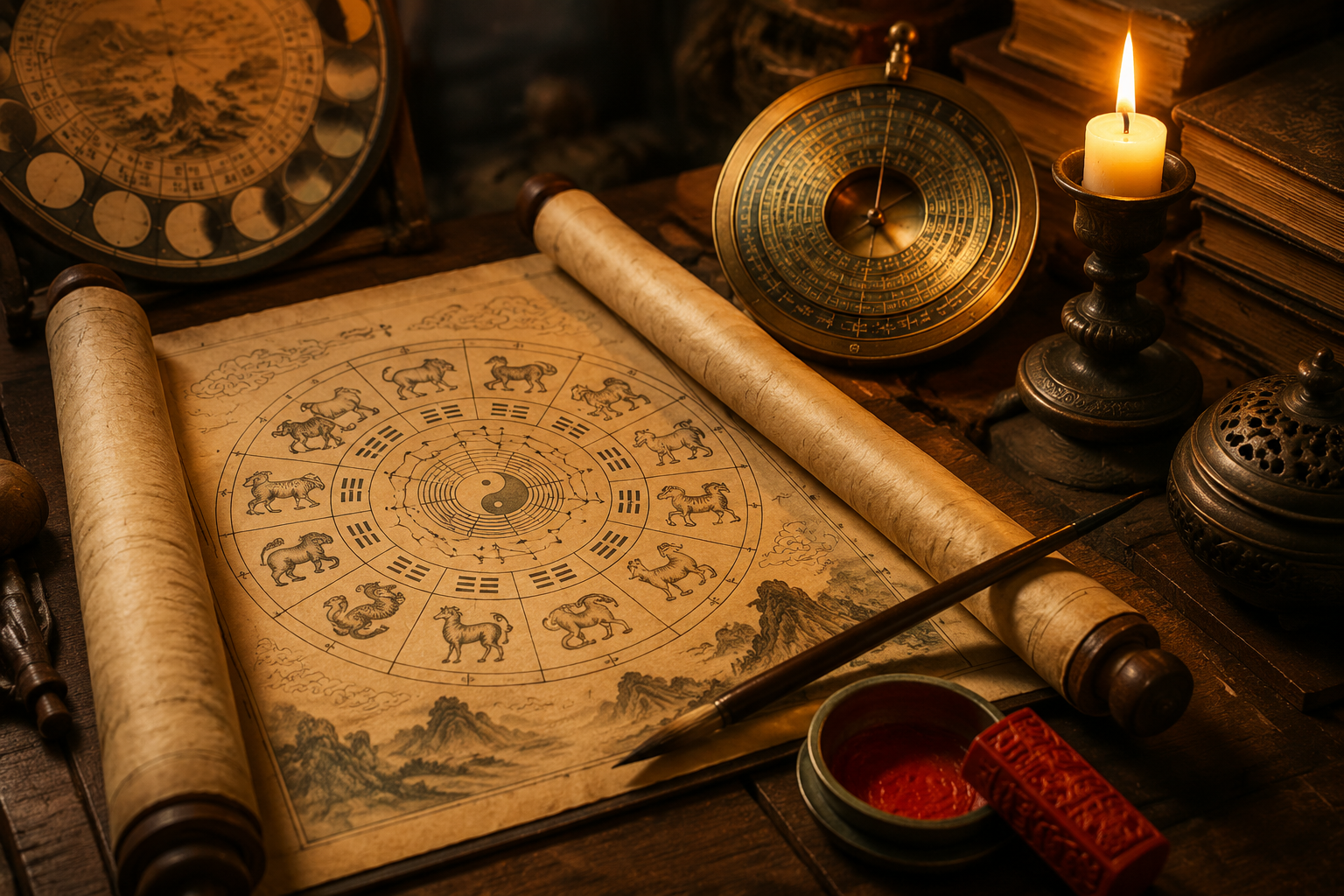 Tradycyjny chiński zwój kalendarzowy z 12 zwierzętami zodiaku