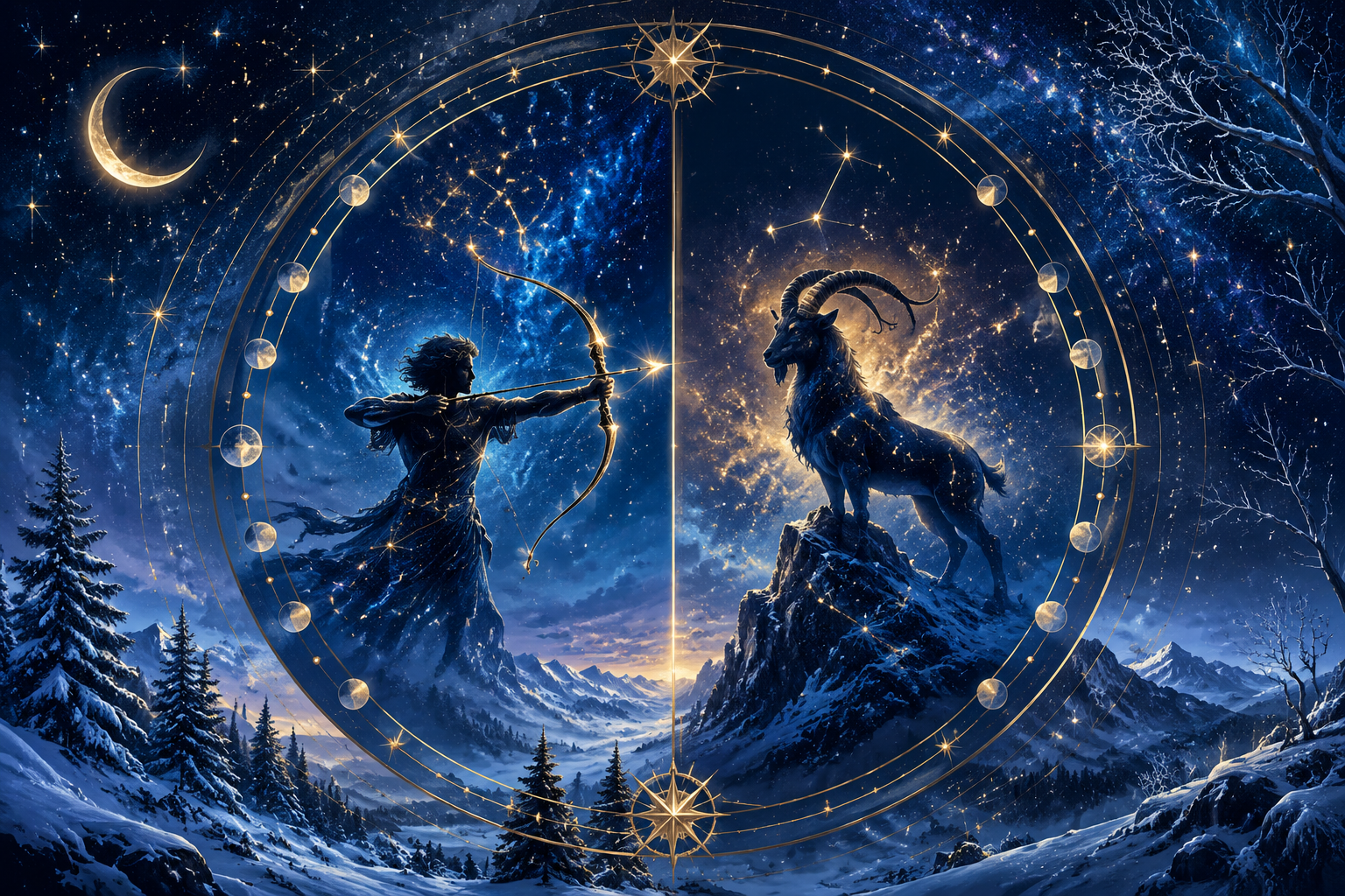 Strzelec i Koziorożec - znaki zodiaku w grudniu, zimowa kosmiczna scena