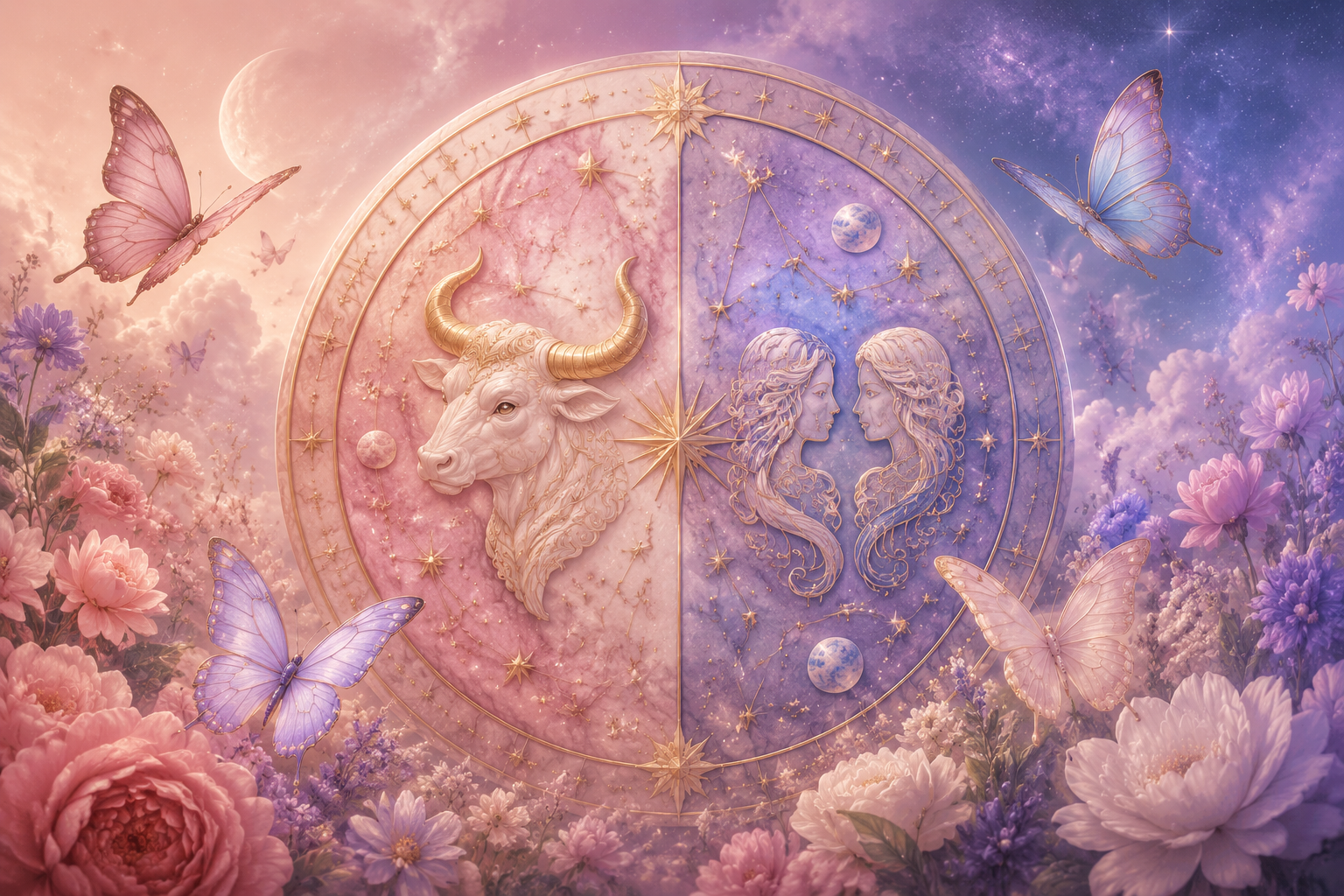 Koło zodiaku z przejściem Byk-Bliźnięta i motylami