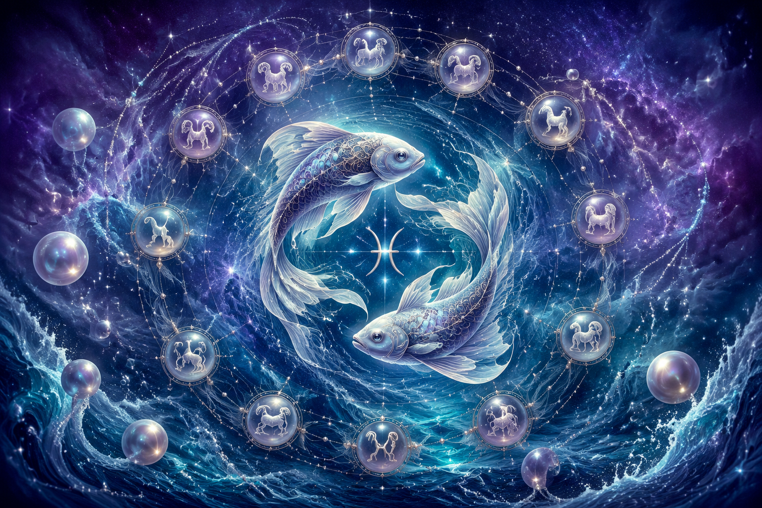Mistyczna ilustracja kompatybilnosci Ryb ze znakami zodiaku, dwie ryby plywajace wsrod swiecacych symboli