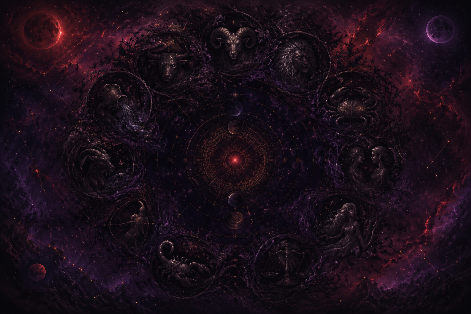 Mistyczna ilustracja ciemnej strony zodiaku — dwanaście symboli zodiakalnych w mgle i splątanych pnączach