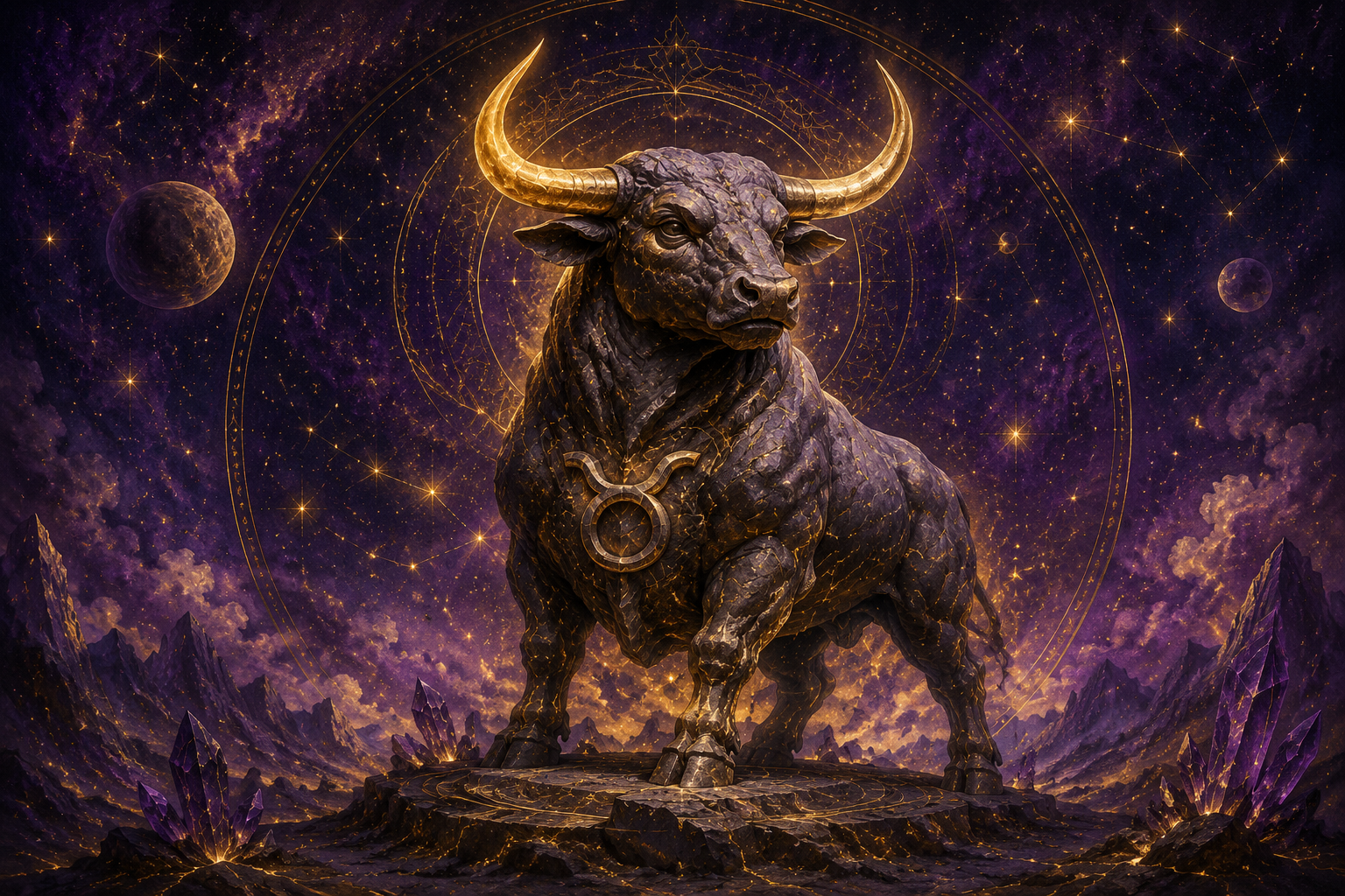 Symboliczna scena uporu w astrologii - Byk jako kamienny posąg na tle gwiazd