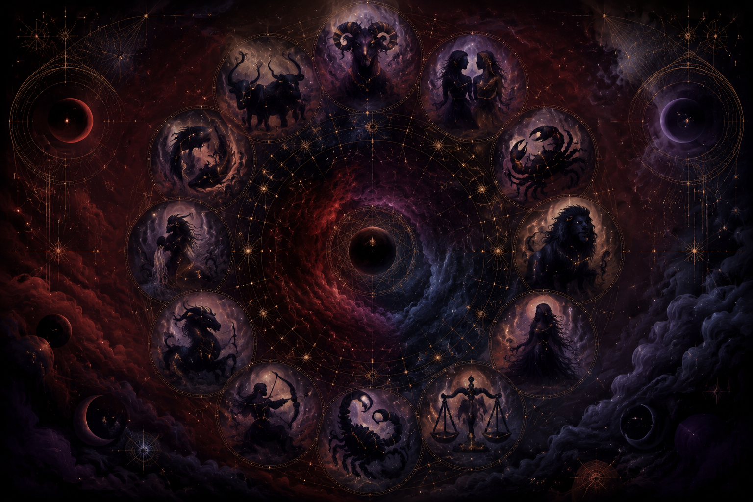 Mistyczna ilustracja cieni dwunastu znaków zodiaku w kosmicznej mgle