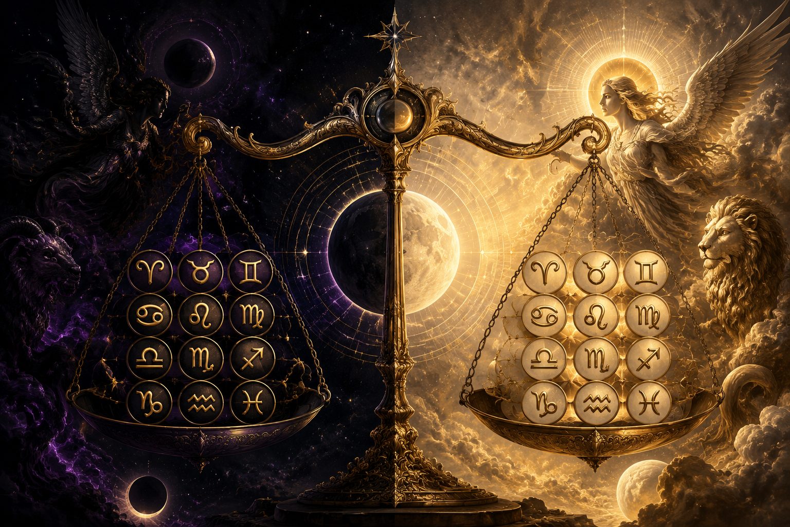 Symboliczna waga z dwunastoma znakami zodiaku w ciemnej i jasnej szali