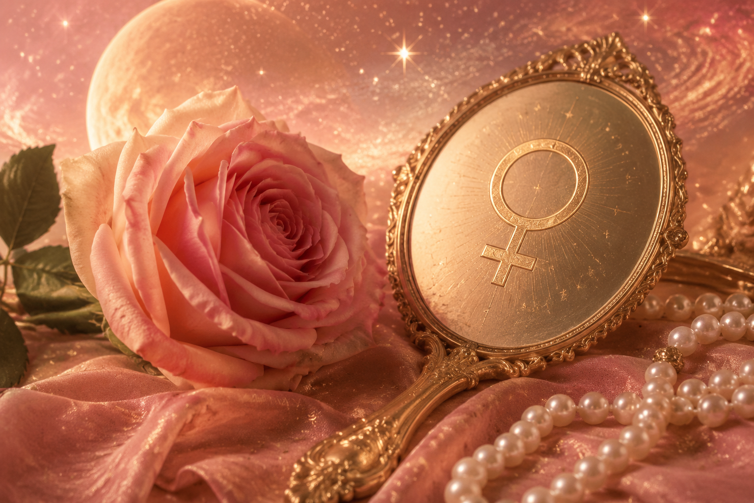 Symbol urody w astrologii — róża, perły i symbol Wenus na tle gwiazd