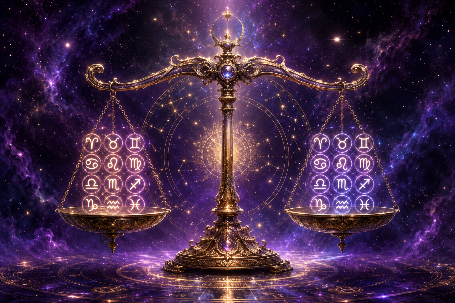 Wagi astrologiczne wazace dwanascie symboli zodiaku w kosmicznym swietle, symboliczne porownanie roznych znakow w mistycznej kompozycji