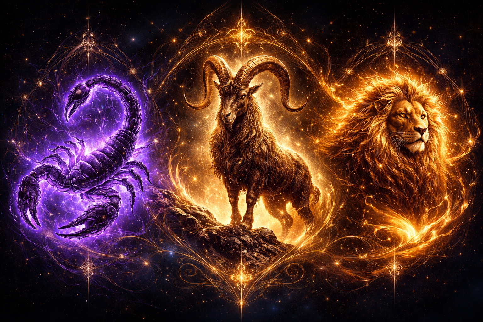 Symboliczna grafika trzech najsilniejszych znaków zodiaku z aurą mocy
