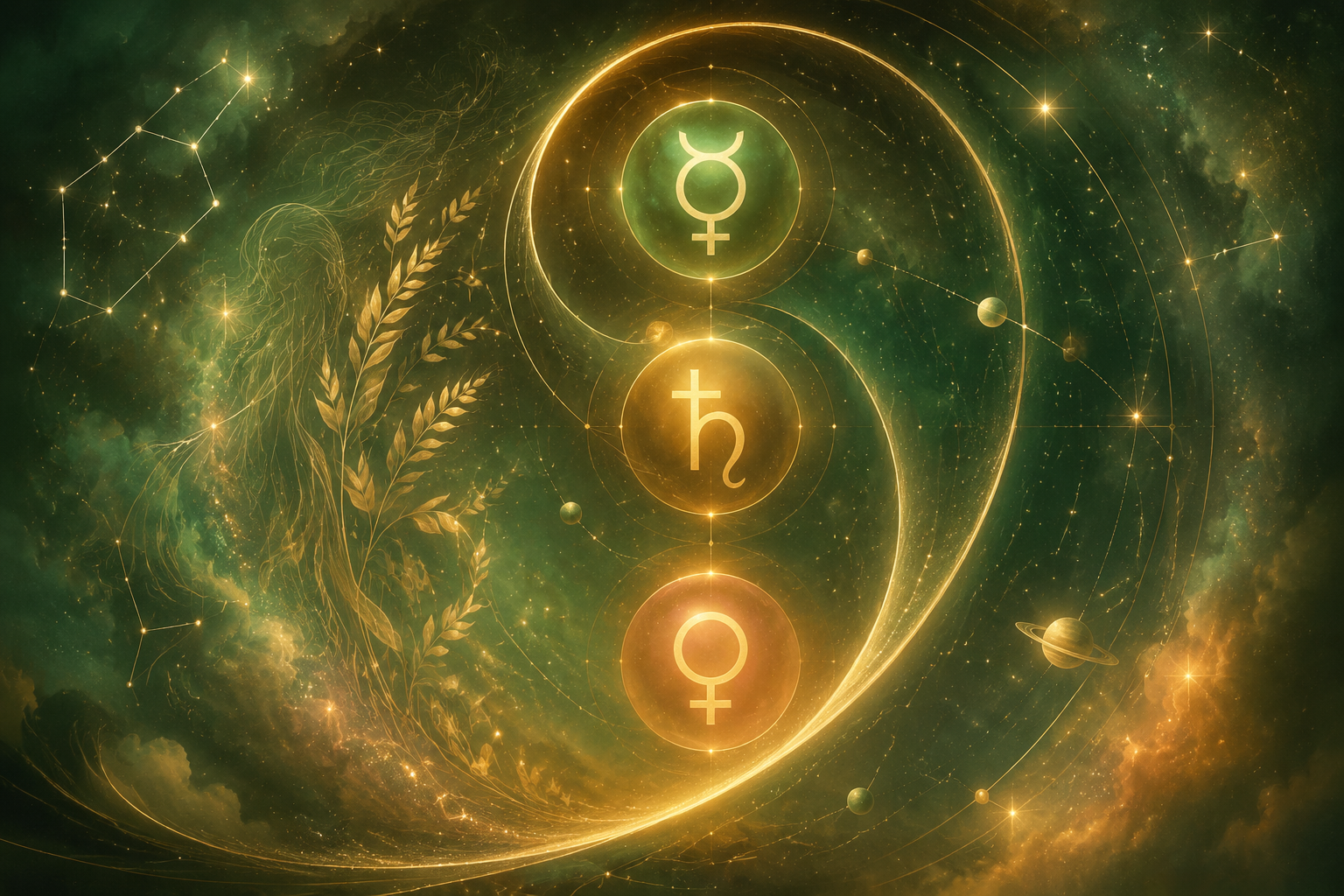 Trzy dekady Panny z symbolami Merkurego, Saturna i Wenus na tle zlotej spirali zodiakalnej