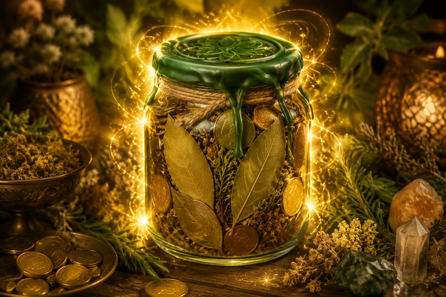 Money Honey Jar — magiczny słoik z ziołami, monetami i miodem, zapieczętowany zielonym woskiem