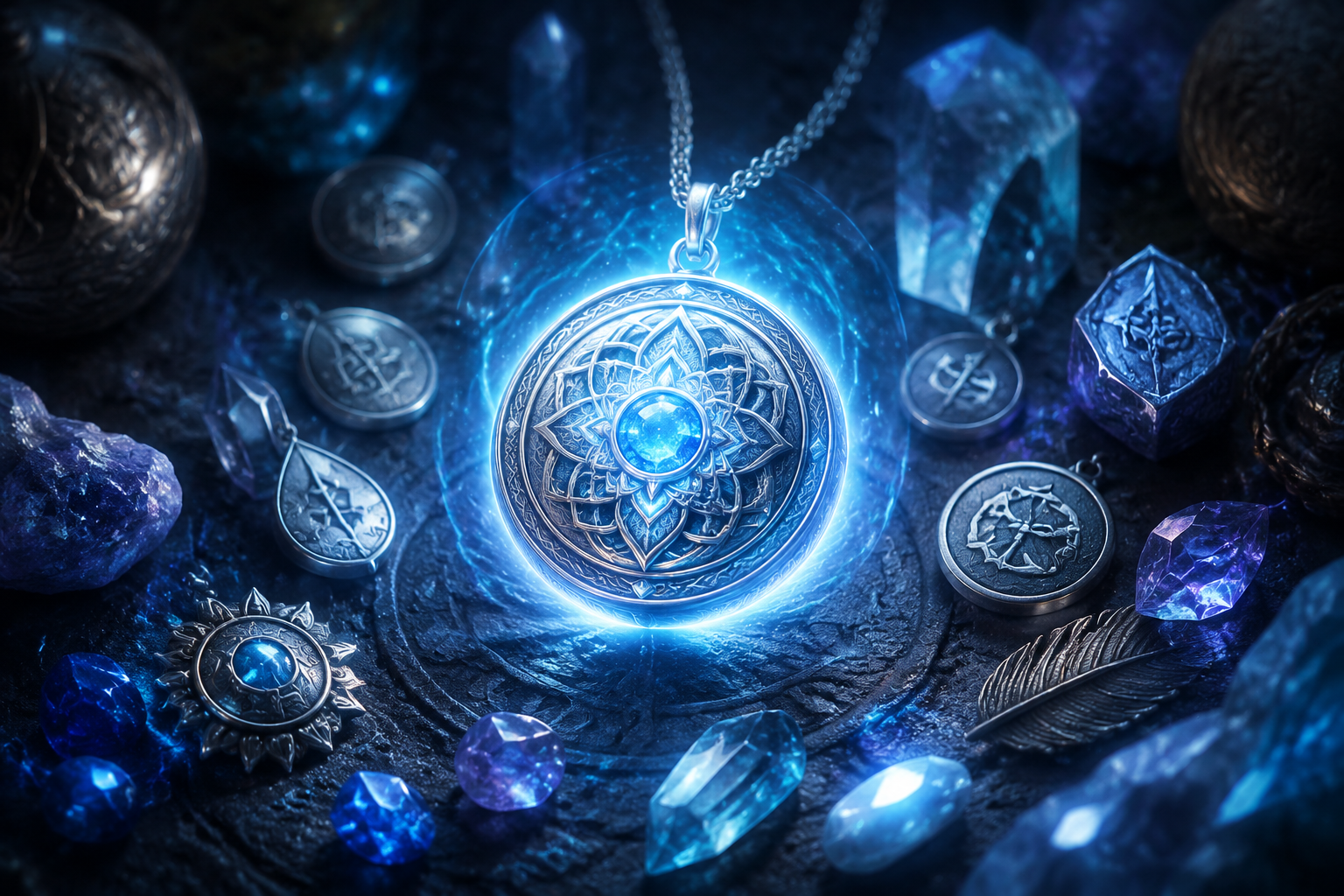 Amulet ochronny z talizmanami, runami i kryształami emitujący niebieskie światło