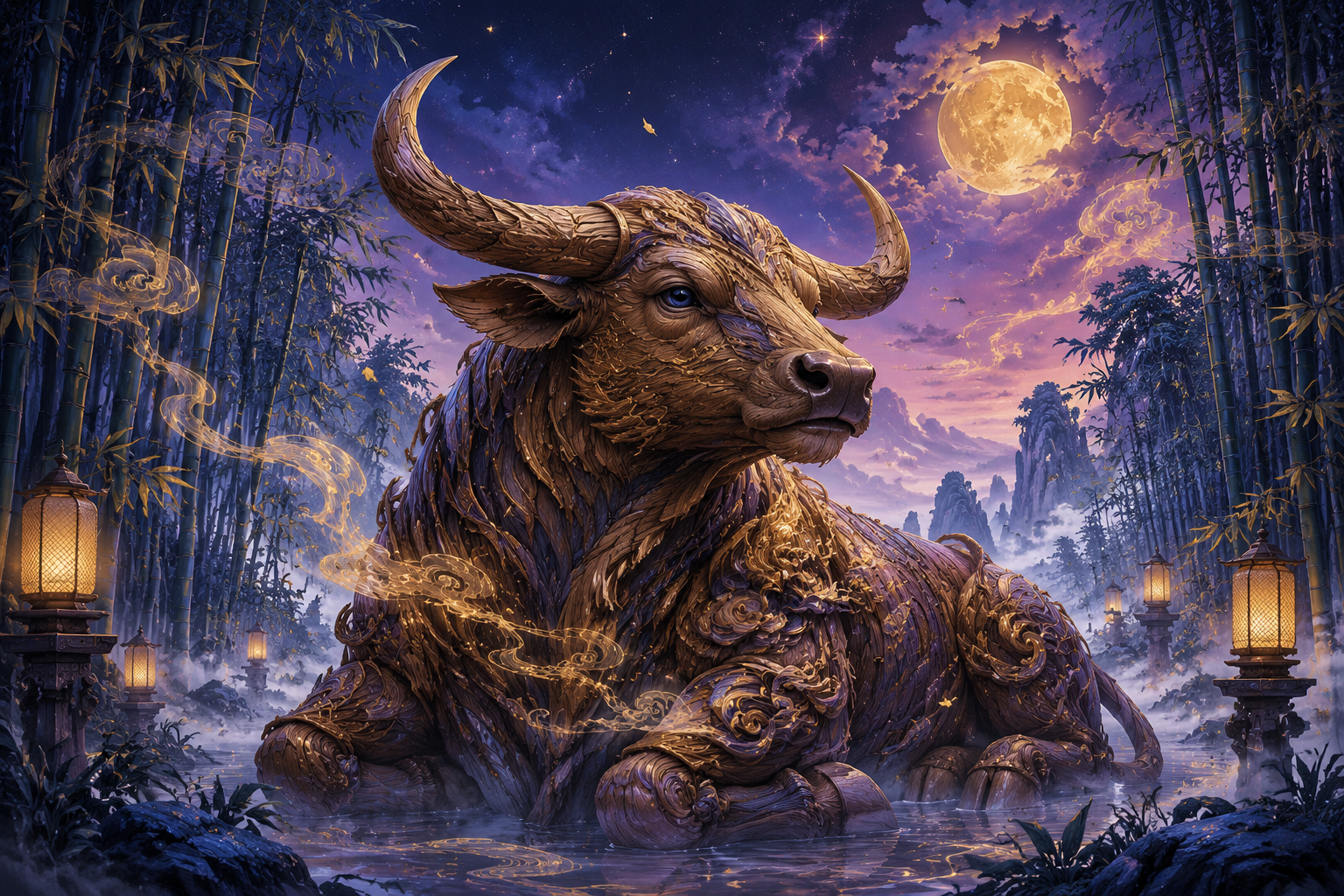 Wół Drewniany — chiński znak zodiaku 1985, mistyczna ilustracja