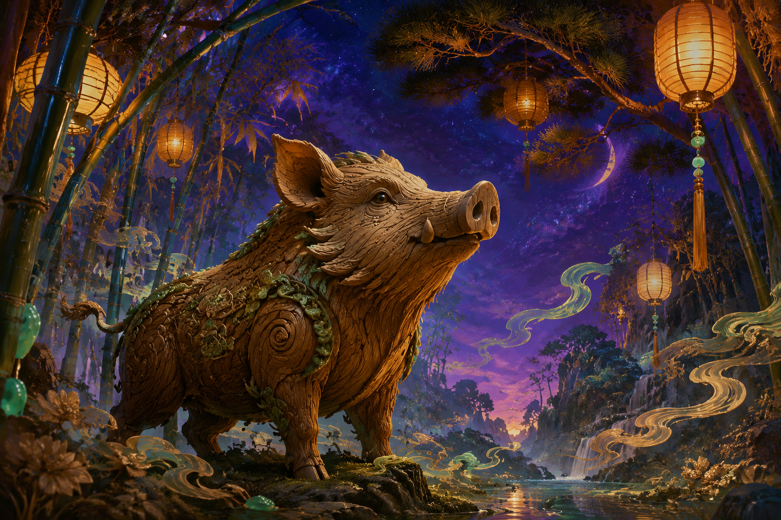 Świnia Drewniana — chiński znak zodiaku 1995, mistyczna ilustracja