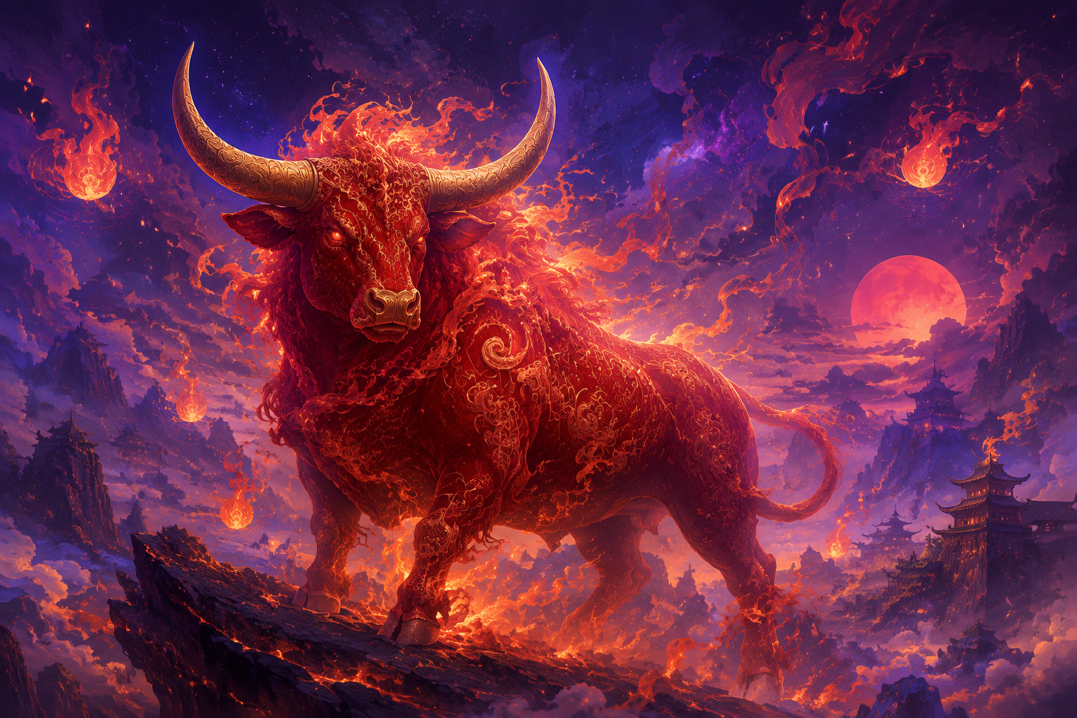 Wół Ognisty — chiński znak zodiaku 1997, mistyczna ilustracja