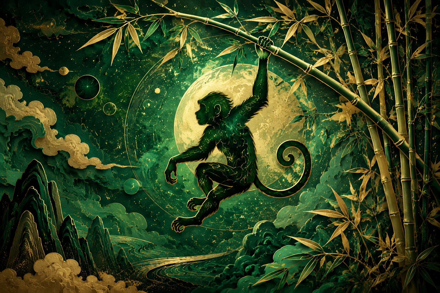 Małpa Drewniana — chiński znak zodiaku 2004, mistyczna ilustracja