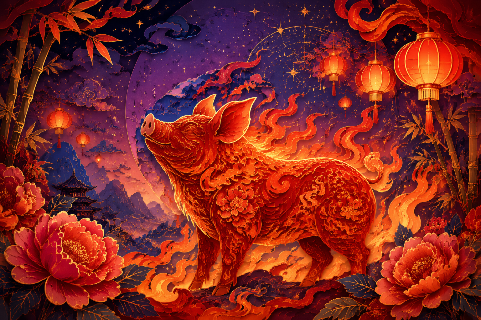 Świnia Ognista — chiński znak zodiaku 2007, mistyczna ilustracja