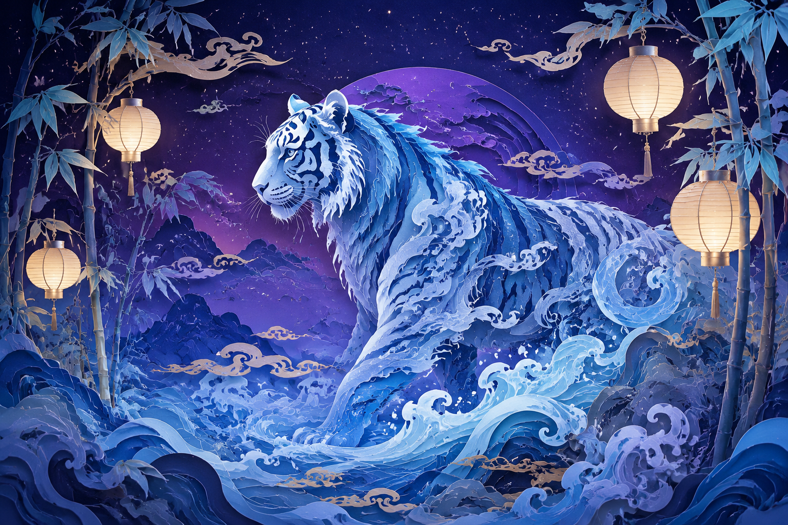 Tygrys Wodny — chiński znak zodiaku 2022, mistyczna ilustracja